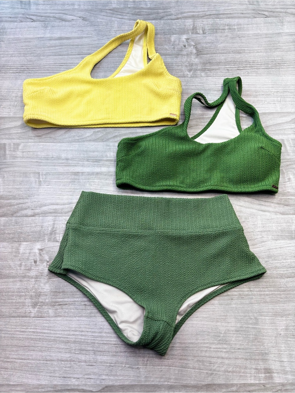 PINK Victoria's Secret Green High-Waist Bikini Bottom with Green and Yellow Tops